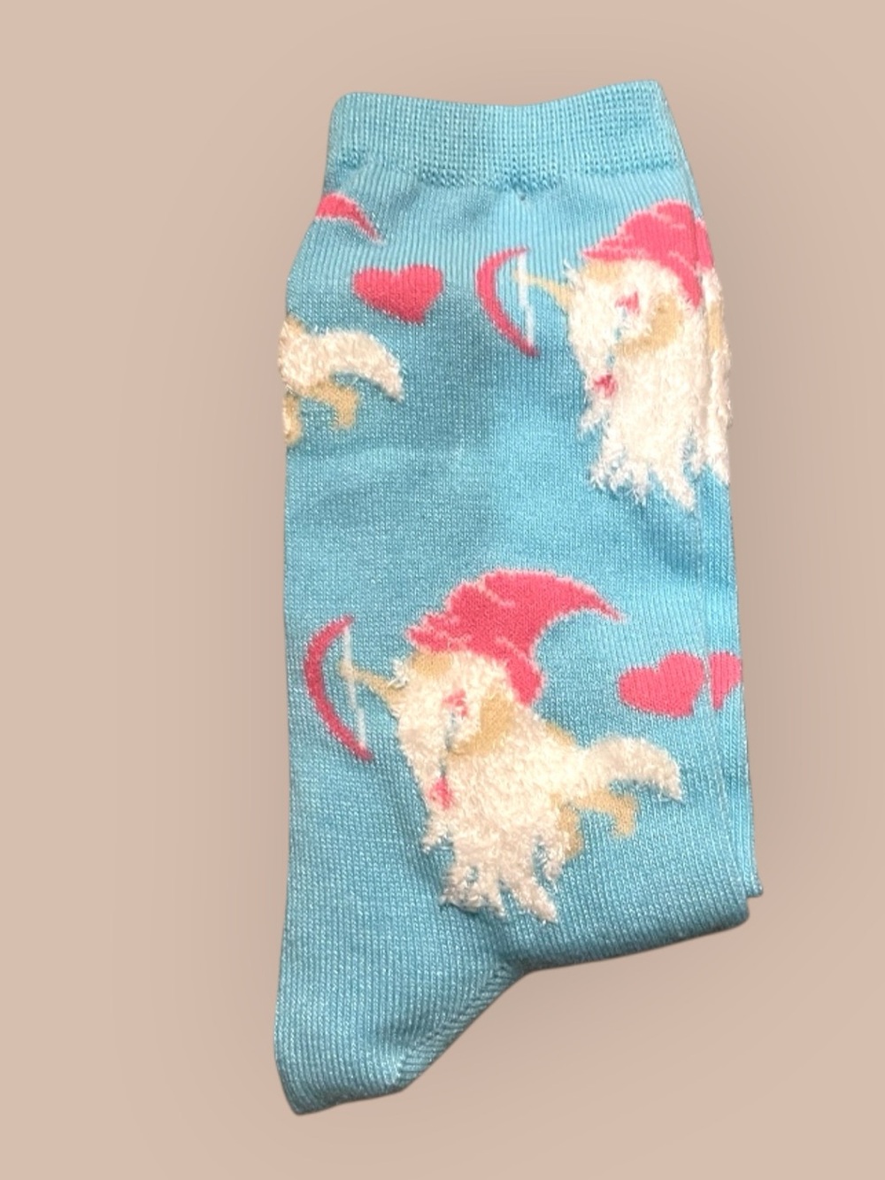 Playful Blue Gnome Cupid Novelty Socks with Pink Accent Hearts